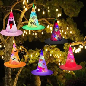 EvoFine Halloween Glowing Witch Hats, 6Pcs Hanging String Lights Decorations for Indoor & Outdoor 10LED 3.7Ft/Piece Battery Operated Color LED for Patio Yard Tree Party Decor (6 Style Pattern)