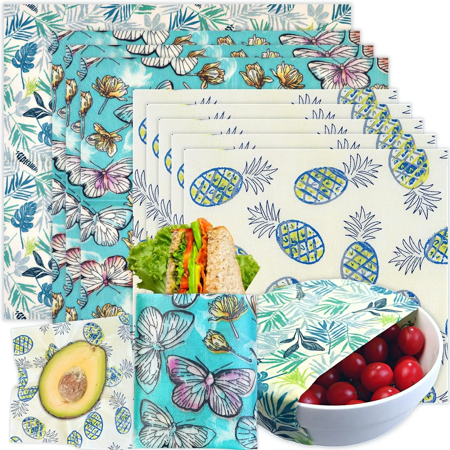 Reusable Beeswax Wrap - 9 Pack Beeswax Wraps for Food, Eco-Friendly Beeswax Food Wraps, Bread Sandwich Wrapper - Organic, Sustainable, Zero Waste, Reusable Plastic-Free Food Storage Wrap, 1XL, 3M, 5S